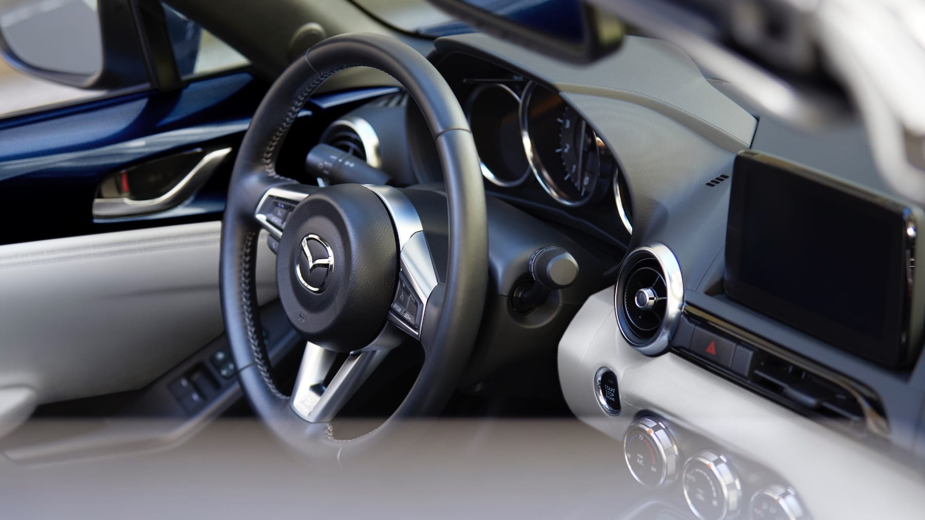 Interior angled photo of steering wheel